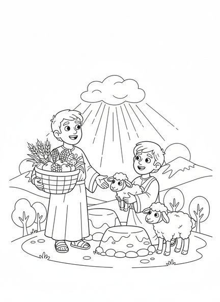 Dos hermanos presentando ofrendas, página para colorear de Caín y Abel para niños de 5 a 10 años.