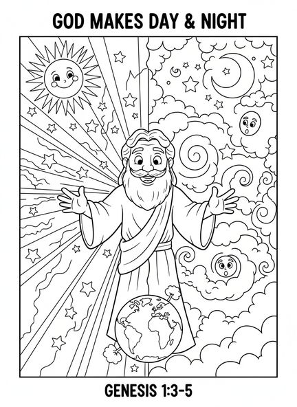 Dios creando la luz, página para colorear de la Creación para niños de 5 a 10 años