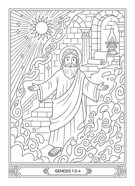 Dios creando la luz, página para colorear de la Creación para niños de la Escuela Dominical de 5 a 12 años.