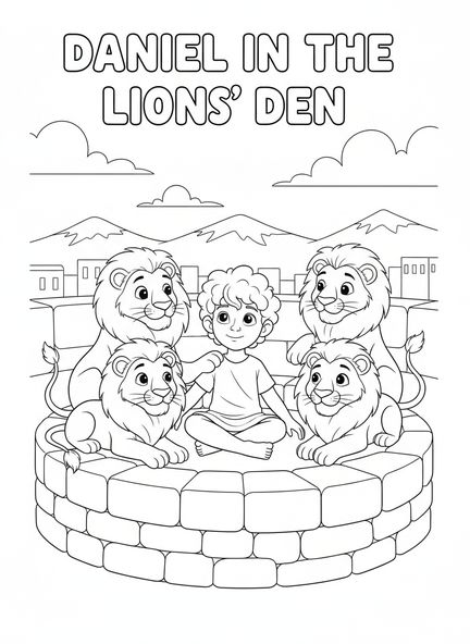 Daniel rodeado de leones amistosos, página para colorear de Daniel en el foso de los leones con un ángel cerrando las bocas de los leones para niños de 5 a 10 años.
