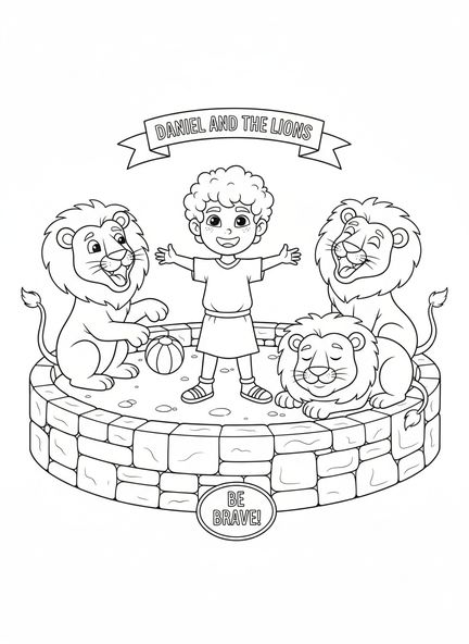 Daniel de pie con valentía, Daniel en el foso de los leones, página para colorear de Daniel en el foso de los leones para niños de 5 a 10 años