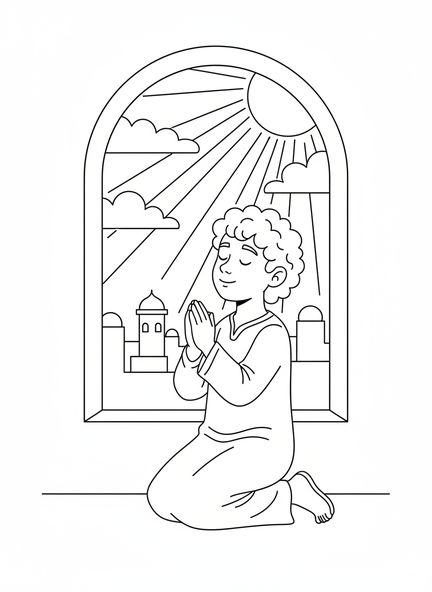 Daniel orando en una ventana, Daniel en el foso de los leones, página para colorear de Daniel orando en la ventana para niños de 5 a 10 años.