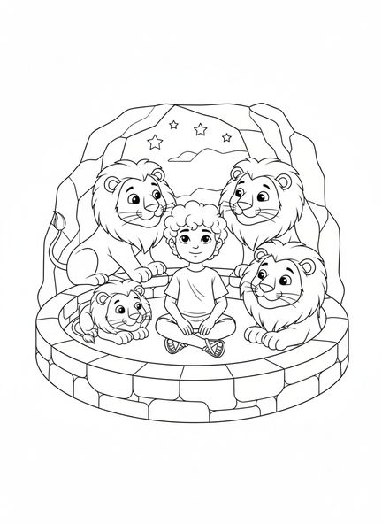 Daniel en el foso de los leones, página para colorear de Daniel liberado del foso para niños de 5 a 10 años.