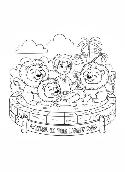 Daniel rodeado de leones, página para colorear de la cueva de los leones y el decreto del rey Darío para niños de 5 a 10 años.