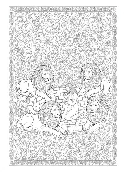 Daniel de rodillas, página para colorear de Daniel en el foso de los leones estilo journaling bíblico para adultos.