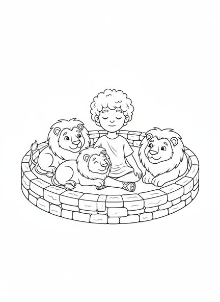 Daniel rodeado de leones amigables, página para colorear de Daniel en el foso de los leones para niños de 5 a 10 años.