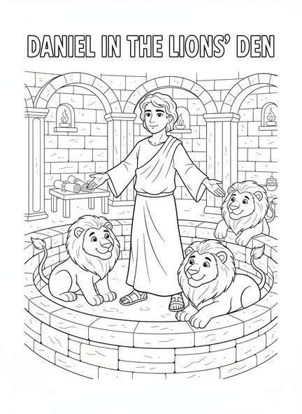 El valiente Daniel, página para colorear de Daniel en el foso de los leones para niños de la Escuela Dominical de 5 a 12 años