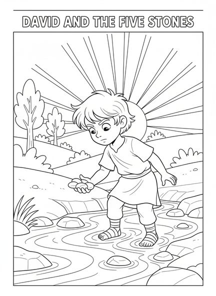 David eligiendo piedras, página para colorear de David y Goliat para niños de 5 a 10 años.