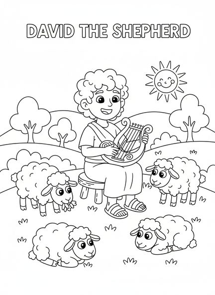 David tocando el arpa, David y Goliat, David el Pastor con Ovejas página para colorear para niños de 5 a 10 años.