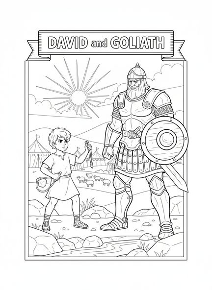 David enfrentándose a Goliat, página para colorear de David lanzando la honda para niños de 5 a 10 años.