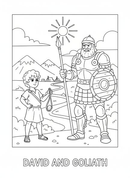 David con honda, David y Goliat, página para colorear de David con la espada de los gigantes para niños de 5 a 10 años