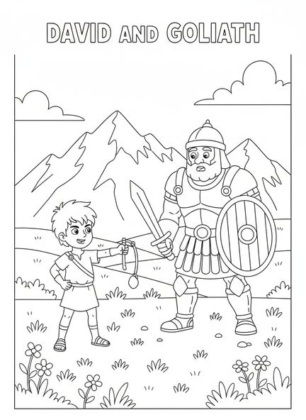 El joven David, página para colorear de David y Goliat cayendo, para niños de 5 a 10 años