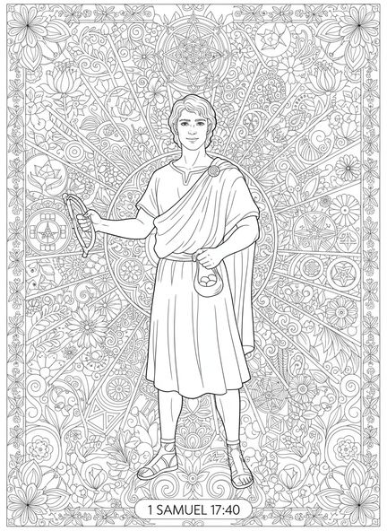 David con honda, página para colorear de David y Goliat estilo de journaling bíblico para adultos.