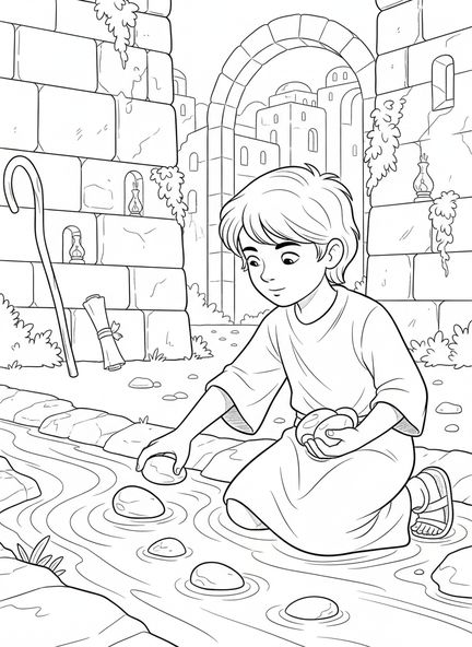 David eligiendo piedras, página para colorear de David y Goliat para niños de la Escuela Dominical de 5 a 12 años.