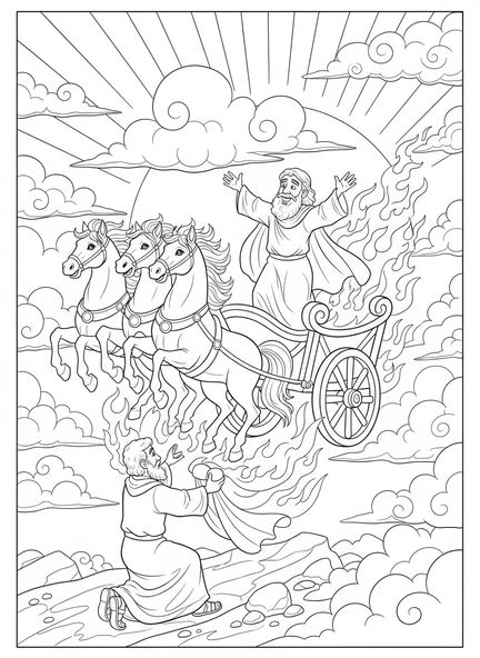 Carro de fuego con caballos, página para colorear de Elías para niños de 5 a 10 años