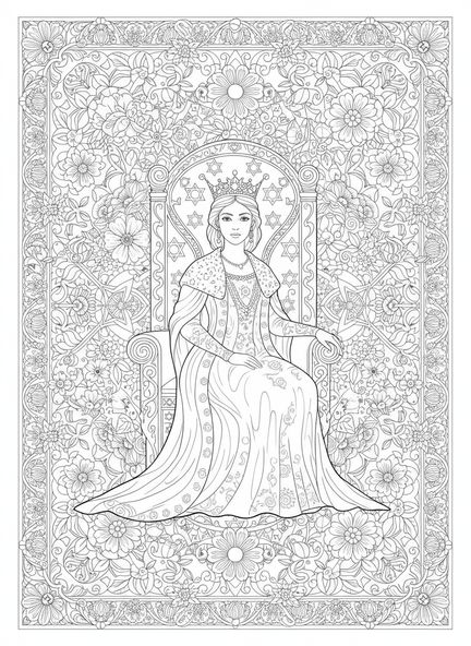 Esther en el trono, página para colorear de Esther para adultos estilo diario bíblico