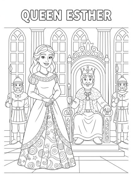 Esther en vestido real, página para colorear de Esther para niños de 5 a 10 años