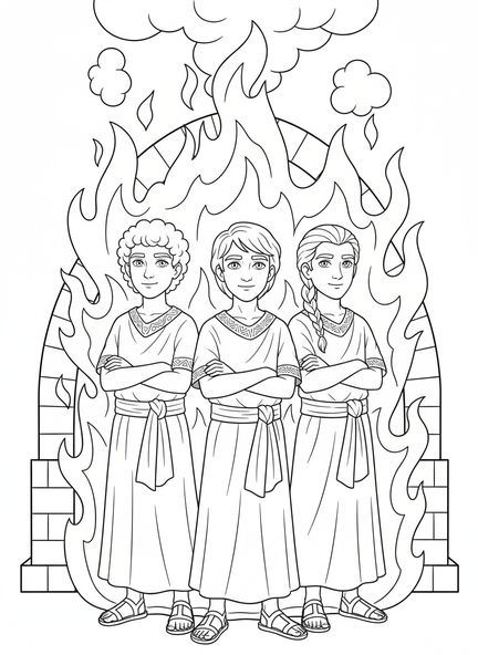 Tres jóvenes valientes, página para colorear del Horno de Fuego para niños de 5 a 10 años.