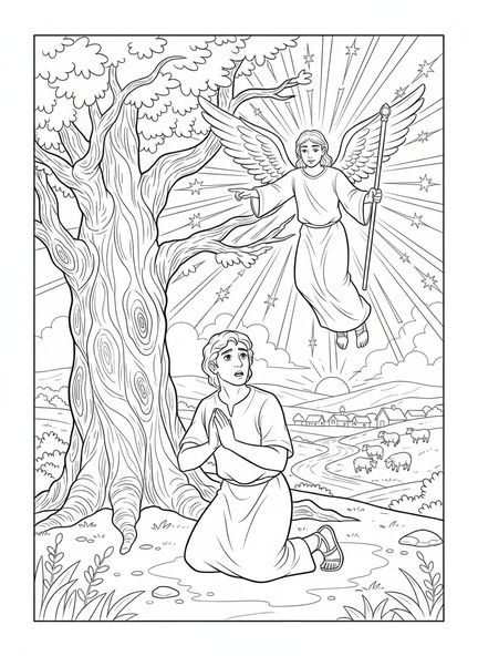 Gedeón recibiendo un mensaje de un ángel, página para colorear de Gedeón para niños de 5 a 10 años.