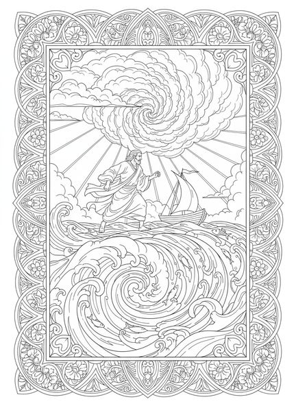 Jonás huyendo hacia un barco, página para colorear de Jonás y la ballena en estilo de journaling bíblico para adultos.