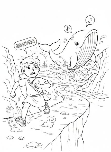 Dibujo animado de Jonás huyendo, página para colorear de Jonás y la ballena para niños de 5 a 10 años.