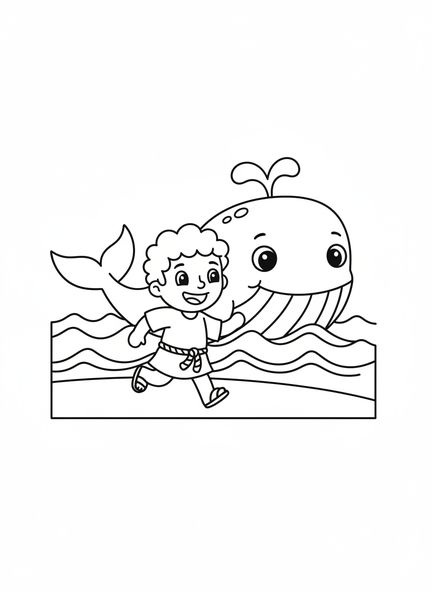 Jonás sonriente, página para colorear de Jonás y la ballena para niños de 3 a 5 años