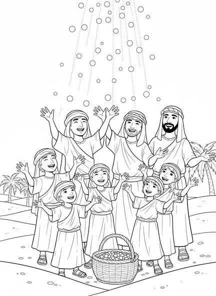 Grupo de israelitas alegres, página para colorear sobre el Maná del Cielo para niños de 5 a 10 años.