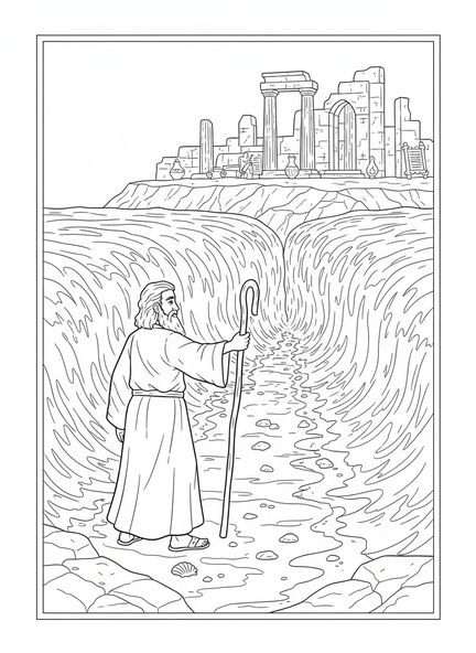 Moisés levantando su bastón, página para colorear de Moisés partiendo el Mar Rojo para niños de la Escuela Dominical de 5 a 12 años