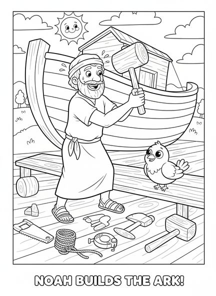 Noé martillando tablones, página para colorear de Noé construyendo el Arca para niños de 5 a 10 años.