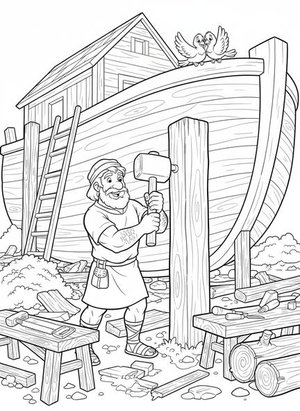 Noé construyendo el arca, página para colorear del Arco Iris del Pacto de Noé para niños de 5 a 10 años.