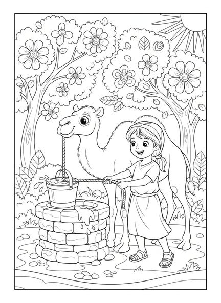 Rebeca con un cántaro de agua, página para colorear de Rebeca en el pozo para niños de 5 a 10 años