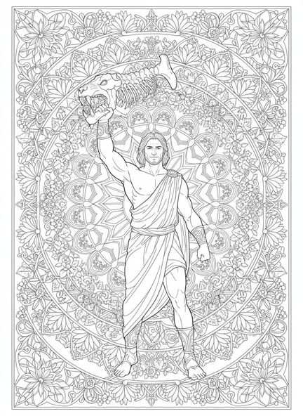 Sansón sosteniendo la quijada de un león, página para colorear de Sansón en estilo de journaling bíblico para adultos.