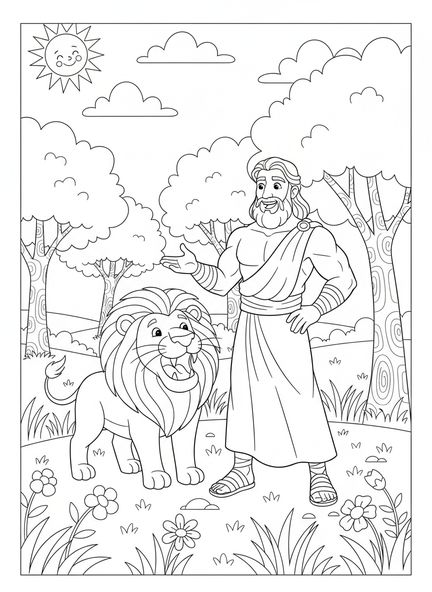 Sansón con león, página para colorear de Sansón para niños de 5 a 10 años