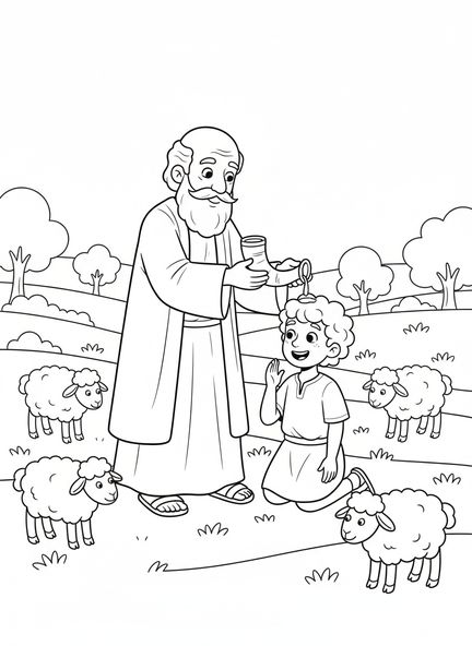 Samuel derramando aceite, página para colorear de Samuel para niños de 5 a 10 años.