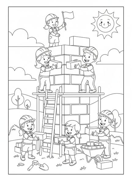 Grupo de constructores, página para colorear de la Torre de Babel para niños de 5 a 10 años
