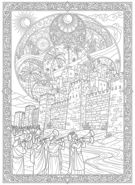 Grupo de israelitas, página para colorear de las Murallas de Jericó en estilo de journaling bíblico para adultos.