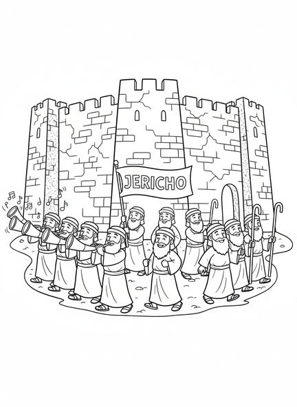 Israelitas en caricatura marchando, página para colorear de las Murallas de Jericó para niños de 5 a 10 años
