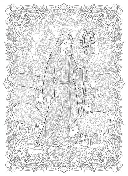 Pastor con báculo, página para colorear del Buen Pastor en estilo de journaling bíblico para adultos.