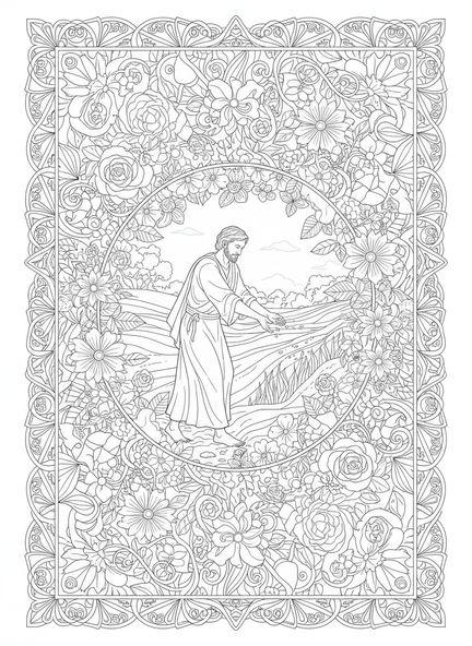 Sembrador esparciendo semillas, página para colorear de la Parábola del Sembrador en estilo de journaling bíblico para adultos.