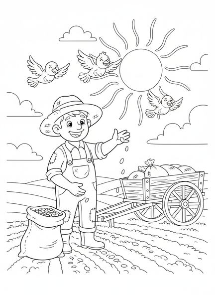 Agricultor alegre sembrando semillas, página para colorear de la Parábola del Sembrador para niños de 5 a 10 años