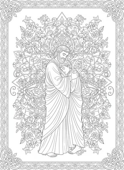 Padre abrazando a su hijo, página para colorear del Hijo Pródigo en estilo de journaling bíblico para adultos.