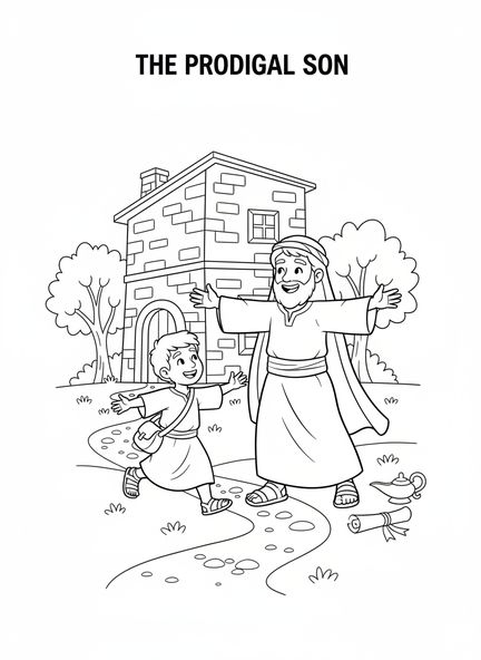 Padre e hijo alegres, página para colorear del Hijo Pródigo para niños de Escuela Dominical de 5 a 12 años.