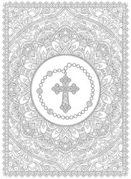 Rosario ornamentado, página para colorear del rosario estilo journaling bíblico para adultos.