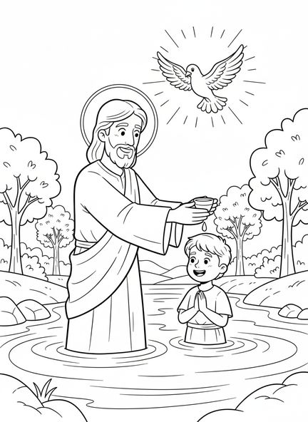 Jesús bautizando a un niño, página para colorear sobre el Bautismo para niños de 5 a 10 años