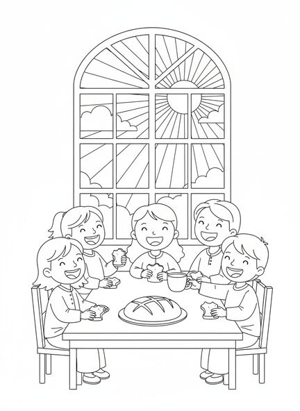 Grupo de niños, página para colorear de la Última Cena para niños de 5 a 10 años.