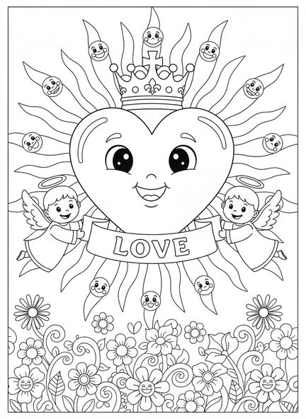 Símbolo del Sagrado Corazón con corona, página para colorear del Sagrado Corazón para niños de 5 a 10 años