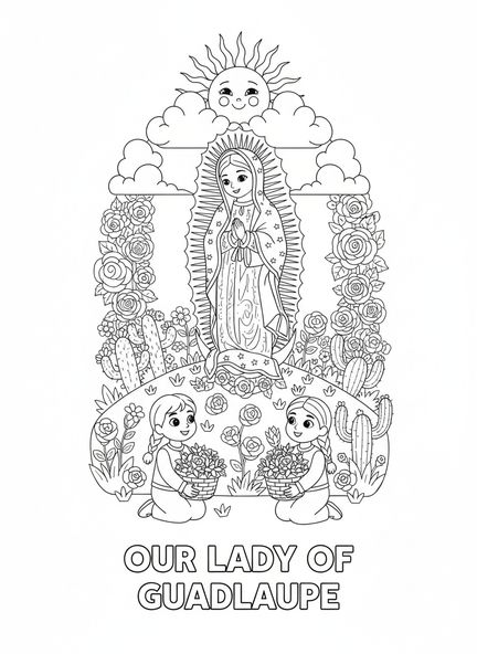 Nuestra Señora de Guadalupe rodeada de flores, página para colorear de Nuestra Señora de Guadalupe para niños de 5 a 10 años.