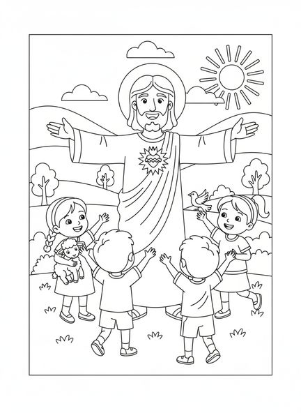 Jesús con corazón radiante, página para colorear del Sagrado Corazón de Jesús para niños de 5 a 10 años.