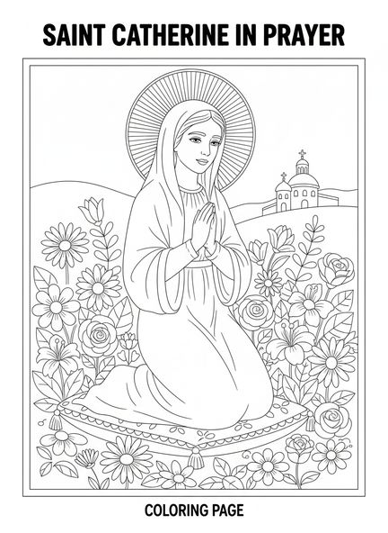 Santa Catalina de Siena arrodillada, página para colorear de Santa Catalina para niños de 5 a 10 años.