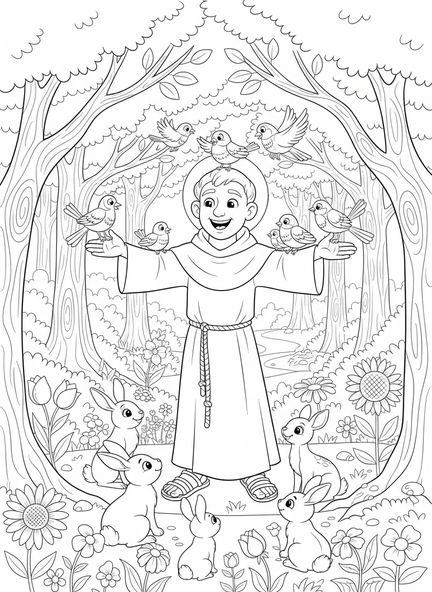 San Francisco con animales, página para colorear de San Francisco de Asís para niños de 5 a 10 años